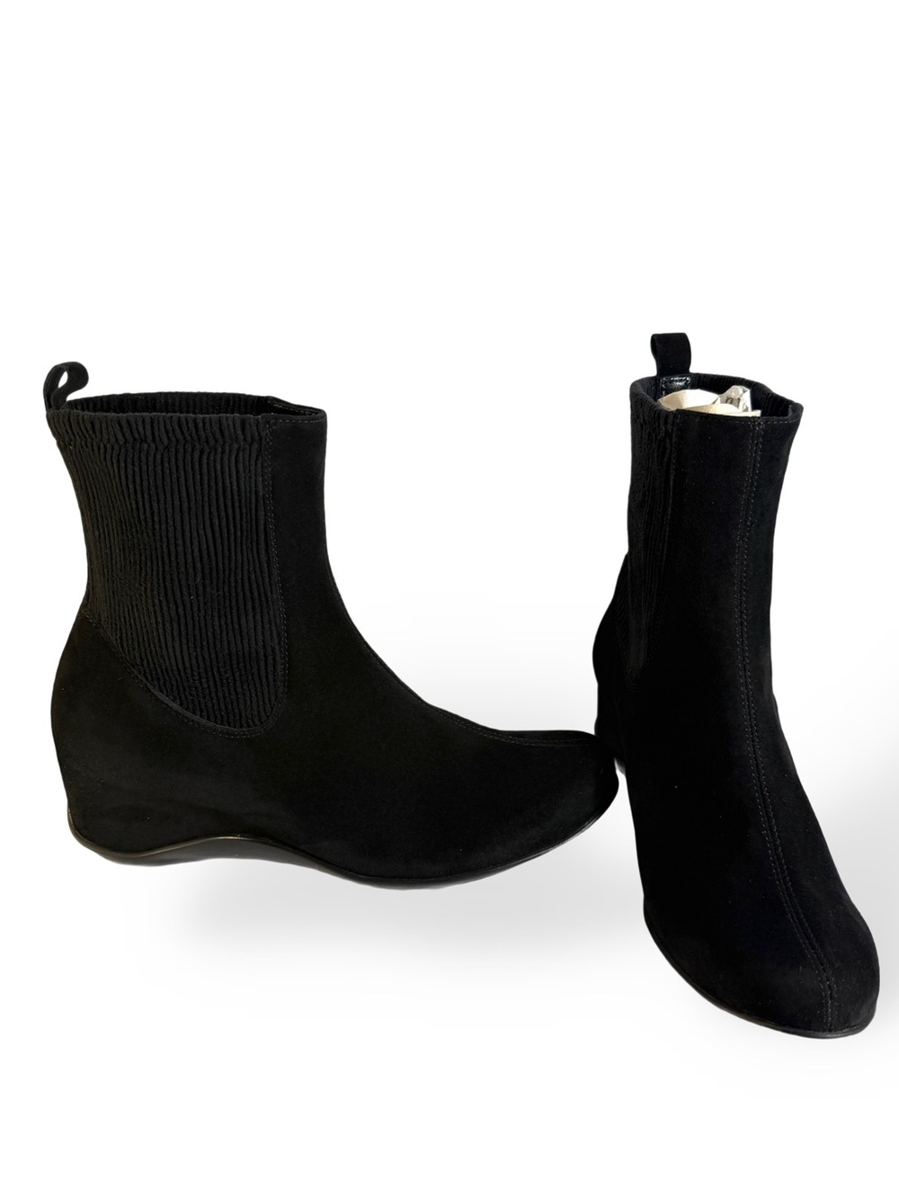 Aquatalia Black Suede Ankle Booties with Knit Stretch Panels